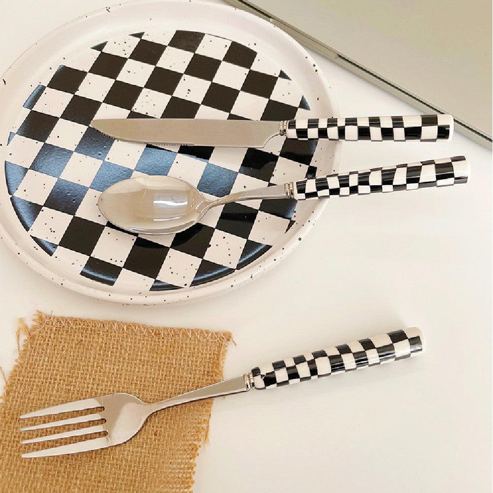 Checked Stainless Steel Silver Cutlery Set in Black, Red, Yellow, and Green