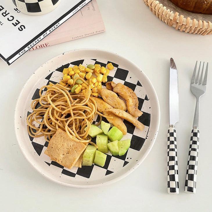 Stylish Stainless Steel Cutlery with Checkerboard Pattern