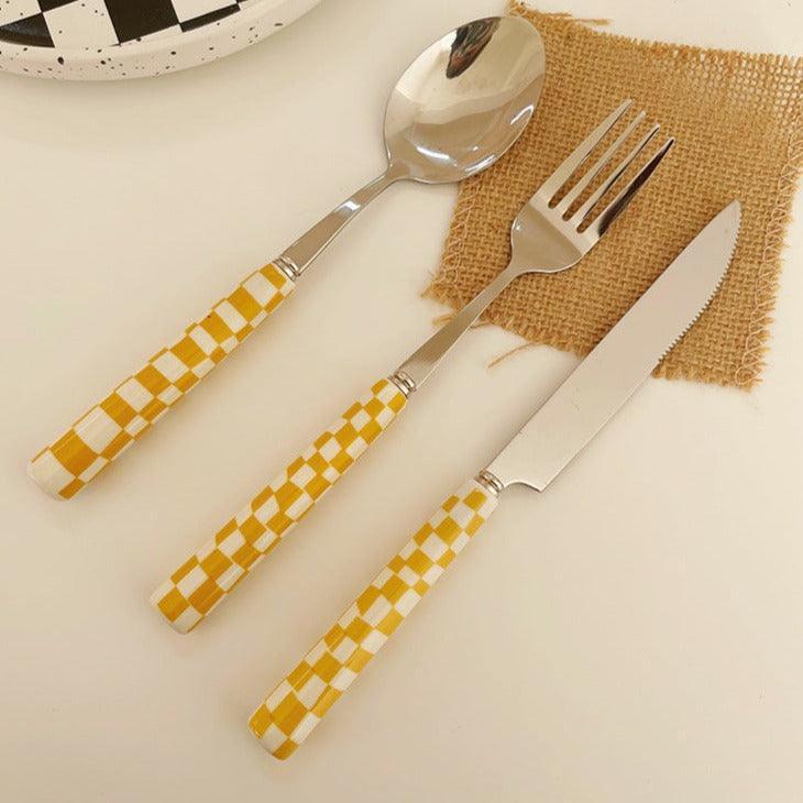 Checked Stainless Steel Silver Cutlery Set in Black, Red, Yellow, and Green