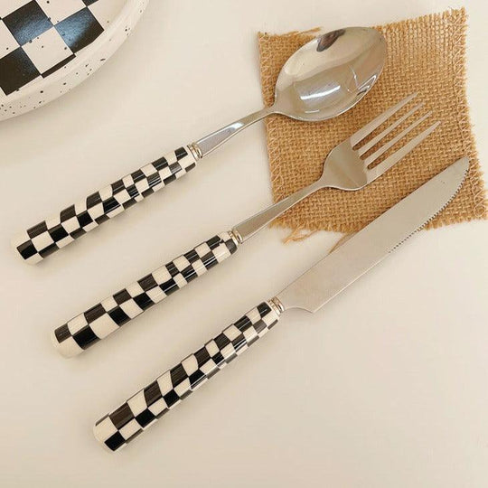 Checked Stainless Steel Silver Cutlery Set in Black, Red, Yellow, and Green