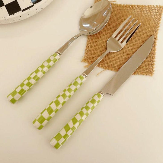 Checked Stainless Steel Silver Cutlery Set in Black, Red, Yellow, and Green