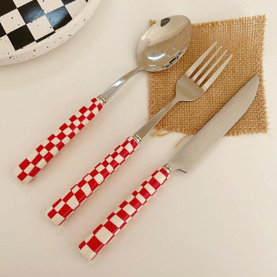 Stylish Stainless Steel Cutlery with Checkerboard Pattern