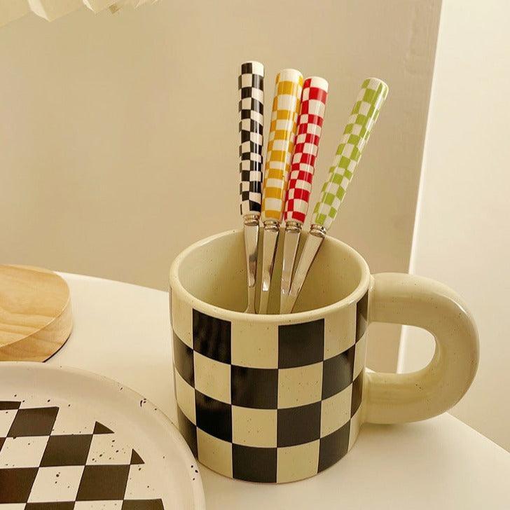 Checked Stainless Steel Silver Cutlery Set in Black, Red, Yellow, and Green