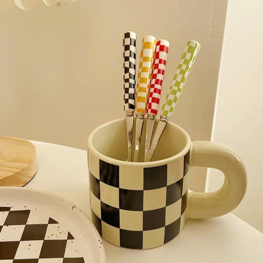 Checked Stainless Steel Silver Cutlery Set in Black, Red, Yellow, and Green
