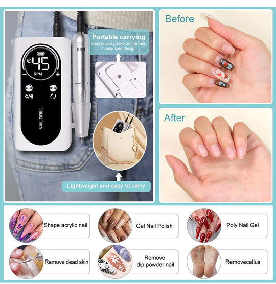 Professional 45000RPM Portable Electric Nail File with Rechargeable Battery | Low Noise Level for Manicure