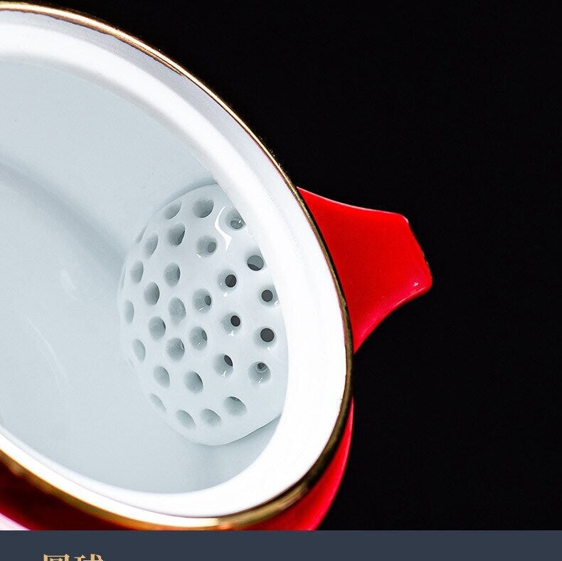 Ceramic Lucky Cat Kuai Ke Cup – Porcelain Tea Cup with Strainer, Filter, and Lid, Portable Tea/Coffee Cup Set for Office and Travel