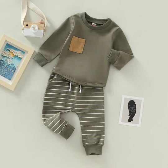 Toddler Boys Autumn Outfit Pullover and Striped Trousers, Set of 2