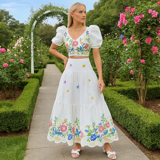 Women’s Floral Puff Sleeve Crop Top & Ruched Skirt Two-Piece Set