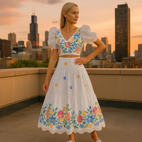 Women’s Floral Puff Sleeve Crop Top & Ruched Skirt Two-Piece Set