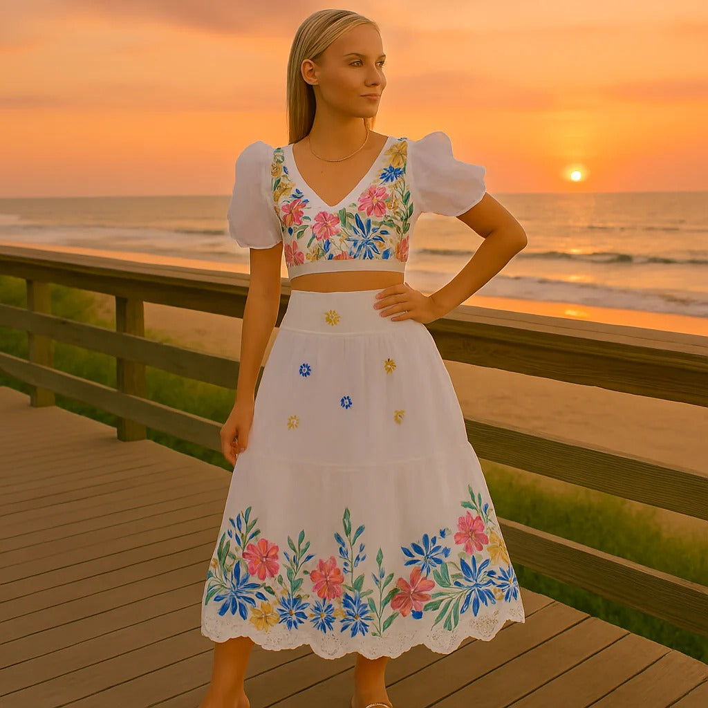Women’s Floral Puff Sleeve Crop Top & Ruched Skirt Two-Piece Set