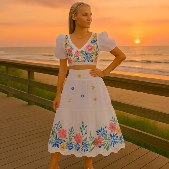 Women’s Floral Puff Sleeve Crop Top & Ruched Skirt Two-Piece Set