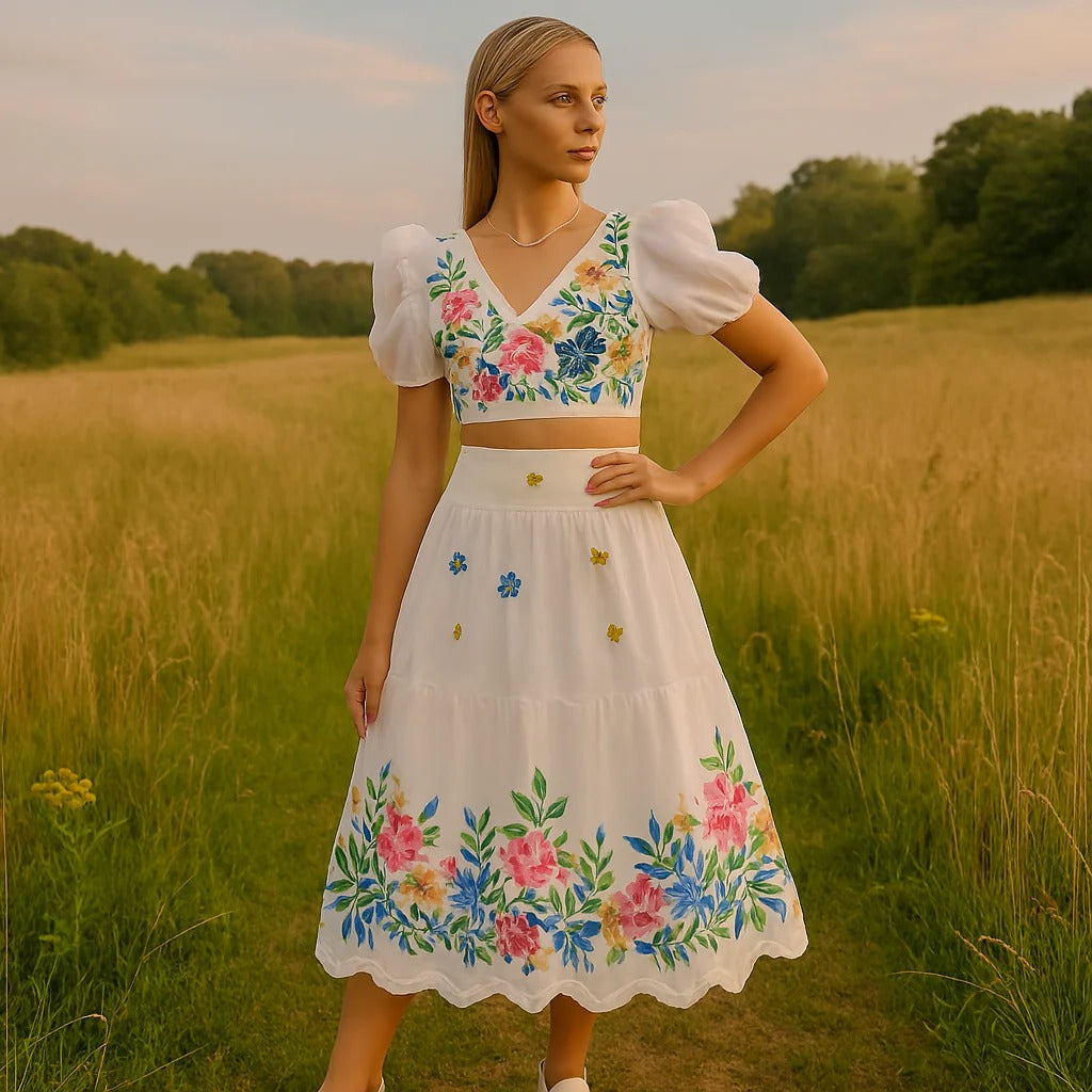 Women’s Floral Puff Sleeve Crop Top & Ruched Skirt Two-Piece Set