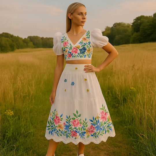 Women’s Floral Puff Sleeve Crop Top & Ruched Skirt Two-Piece Set