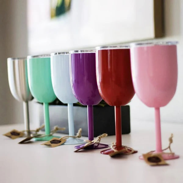 Insulated Stemmed Stainless Steel Wine Goblet with Lid