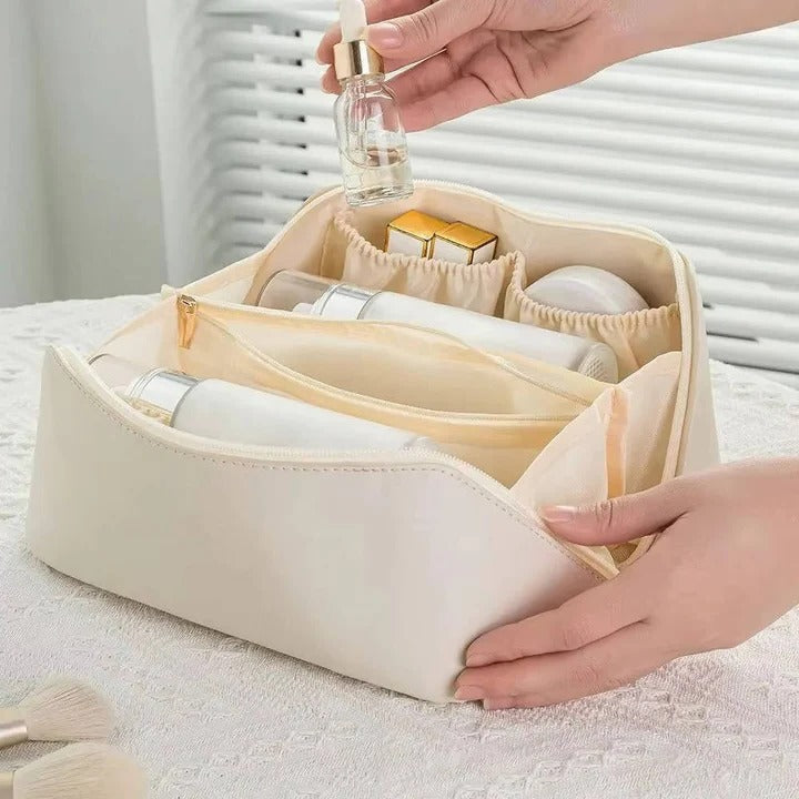 Makeup Organiser Pouch with PU Exterior and Wide Opening Design