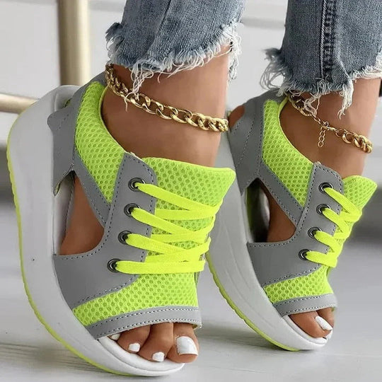 Women’s Lace Up Flat Sandals with Contrast Panels and Cutouts