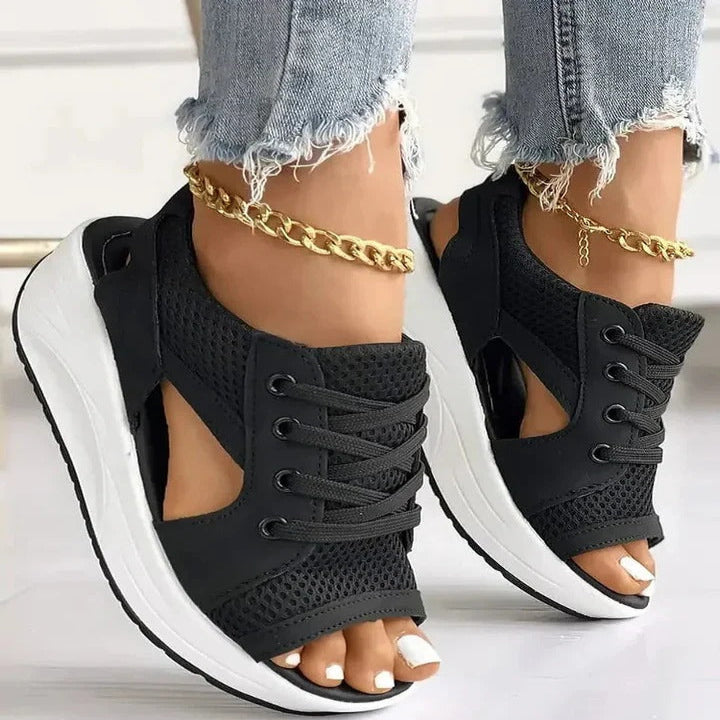 Women’s Lace Up Flat Sandals with Contrast Panels and Cutouts