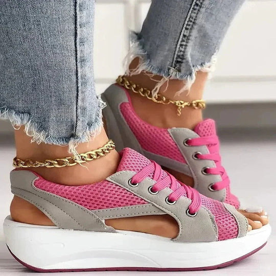Women’s Lace Up Flat Sandals with Contrast Panels and Cutouts