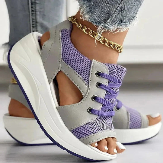 Women’s Lace Up Flat Sandals with Contrast Panels and Cutouts
