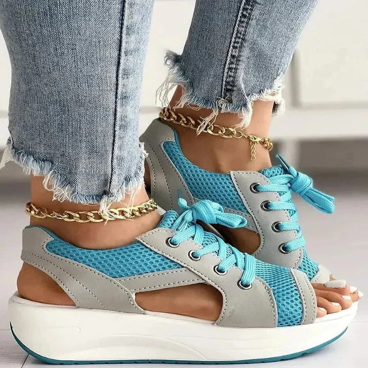 Women’s Lace Up Flat Sandals with Contrast Panels and Cutouts