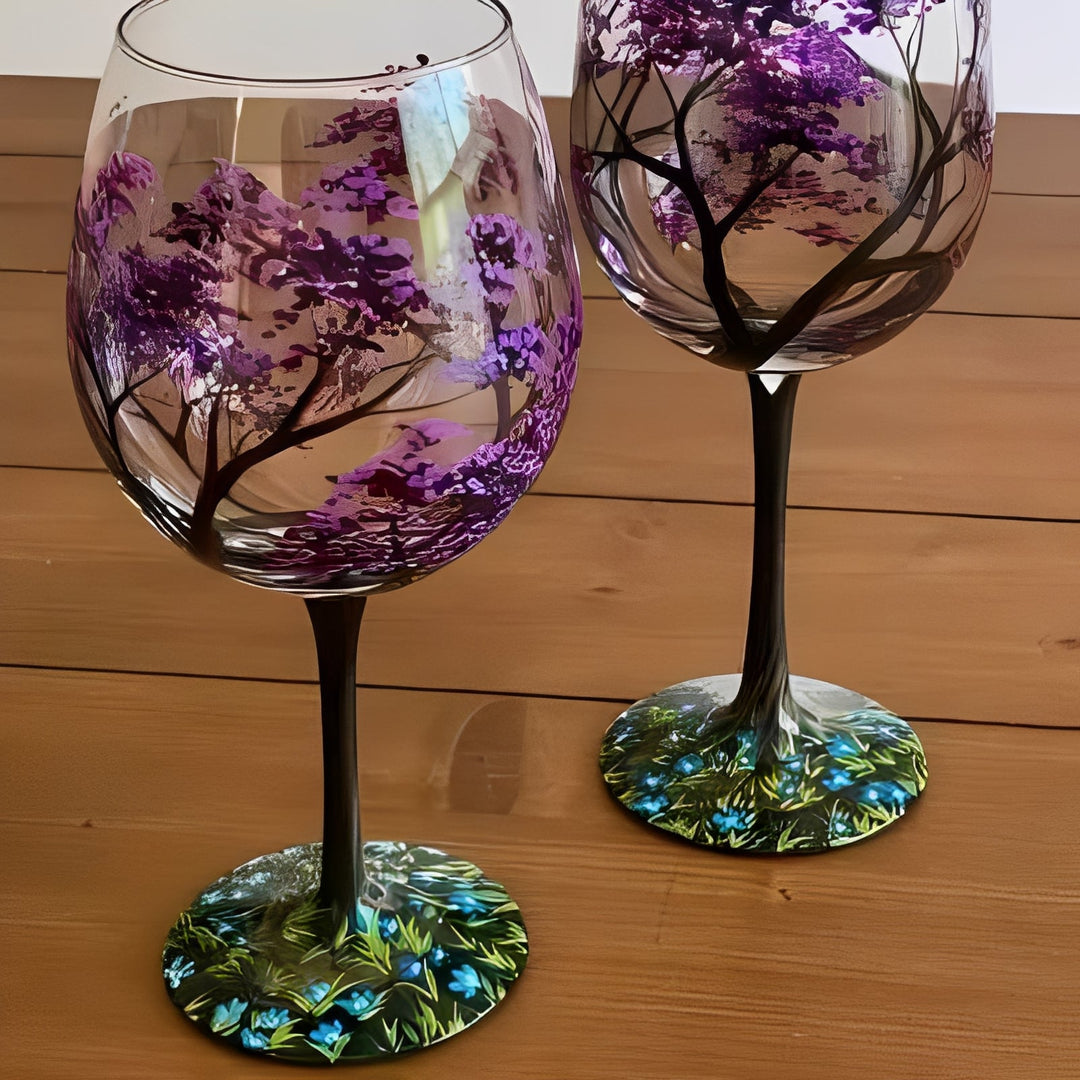 Four Seasons Tree Painted Wine Glass
