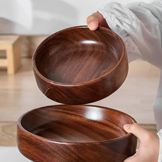 Walnut Wood Round Serving Bowls, Set of 2