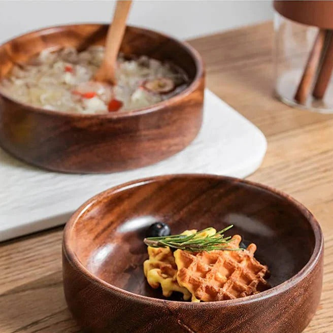 Walnut Wood Round Serving Bowls, Set of 2