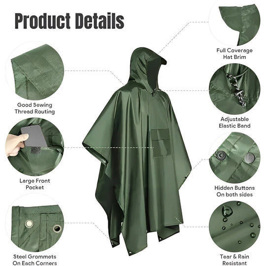 Hooded Rain Poncho for Outdoor Use with Storage Bag