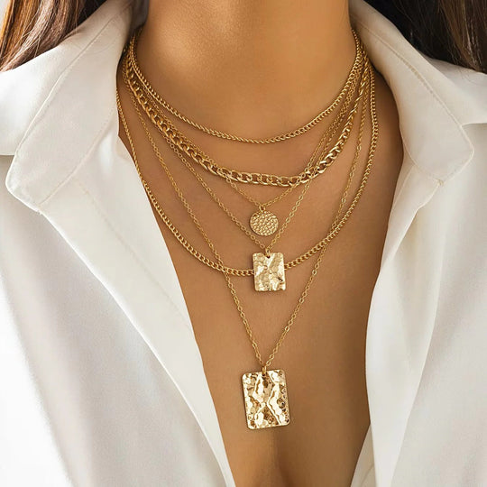 Layered Choker Necklace Set, 6 Piece with Vintage Coin and Tag