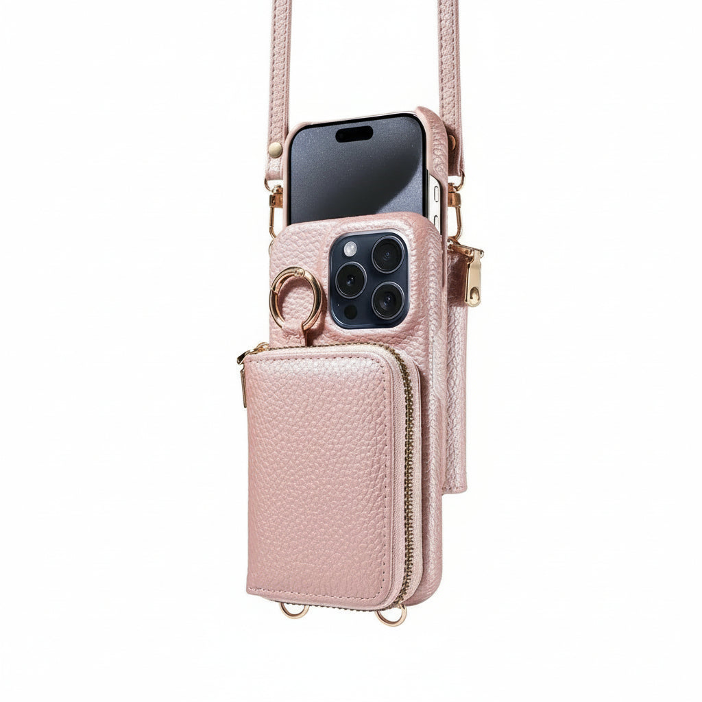 Leather Wallet Case for iPhone with Card Slots and Zipper Closure