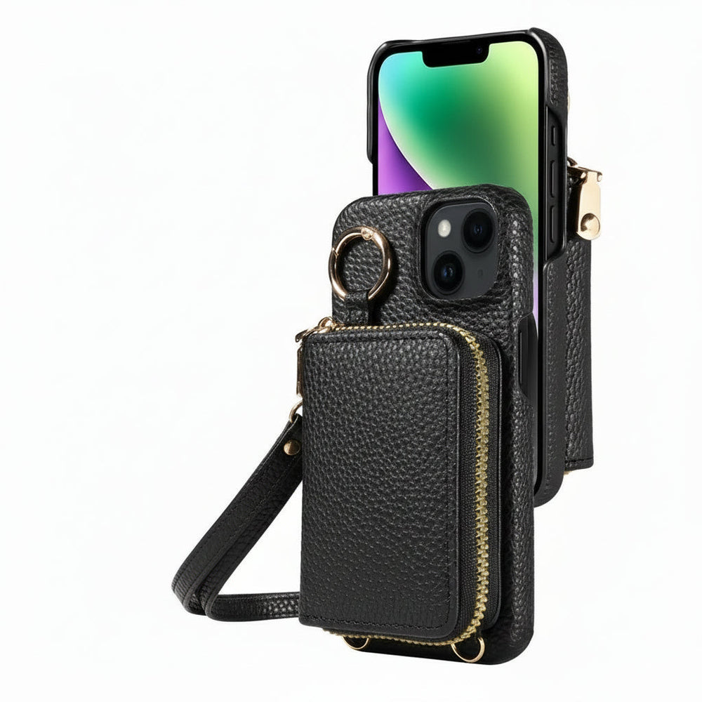 Leather Wallet Case for iPhone with Card Slots and Zipper Closure