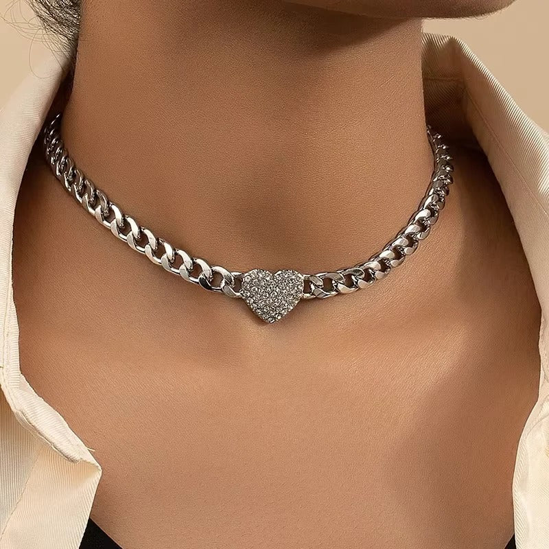 Crystal Heart Charm Choker Necklace with Cuban Chain