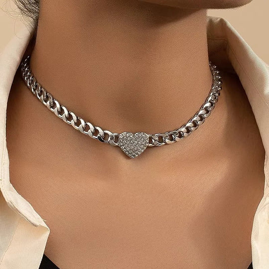 Crystal Heart Charm Choker Necklace with Cuban Chain