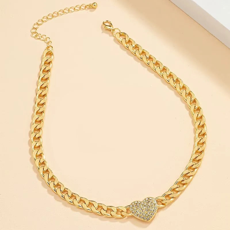 Crystal Heart Charm Choker Necklace with Cuban Chain