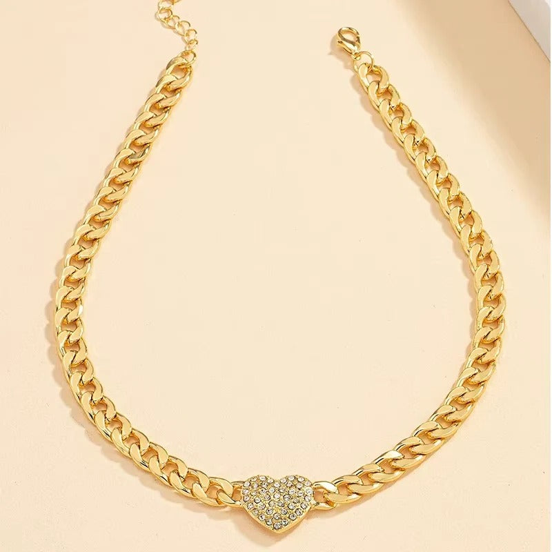 Crystal Heart Charm Choker Necklace with Cuban Chain
