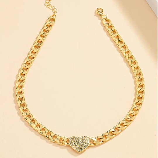Crystal Heart Charm Choker Necklace with Cuban Chain