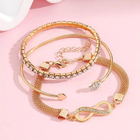 Rhinestone Bracelet Set, 3 Pieces Heart and Infinity Charms for Women