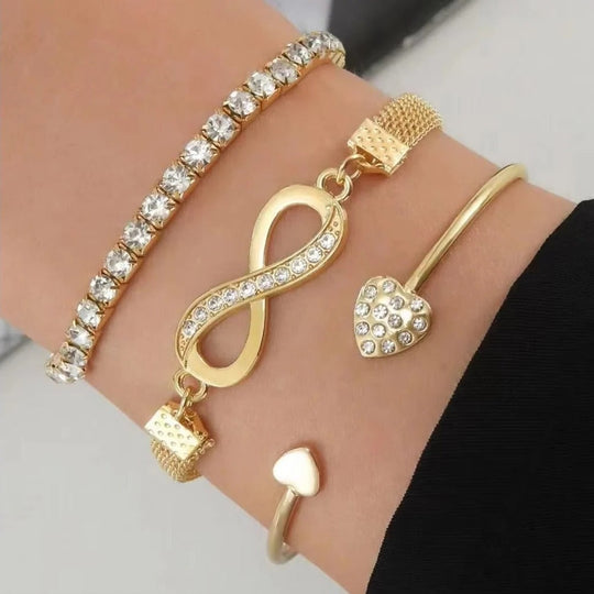 Rhinestone Bracelet Set, 3 Pieces Heart and Infinity Charms for Women