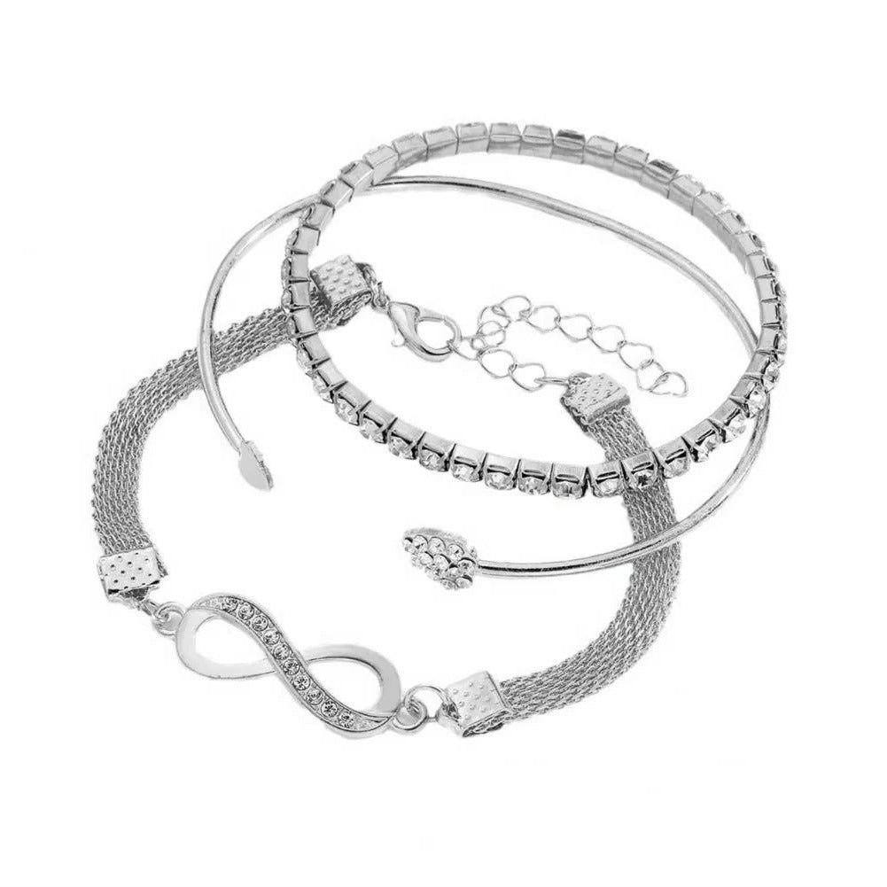 Rhinestone Bracelet Set, 3 Pieces Heart and Infinity Charms for Women