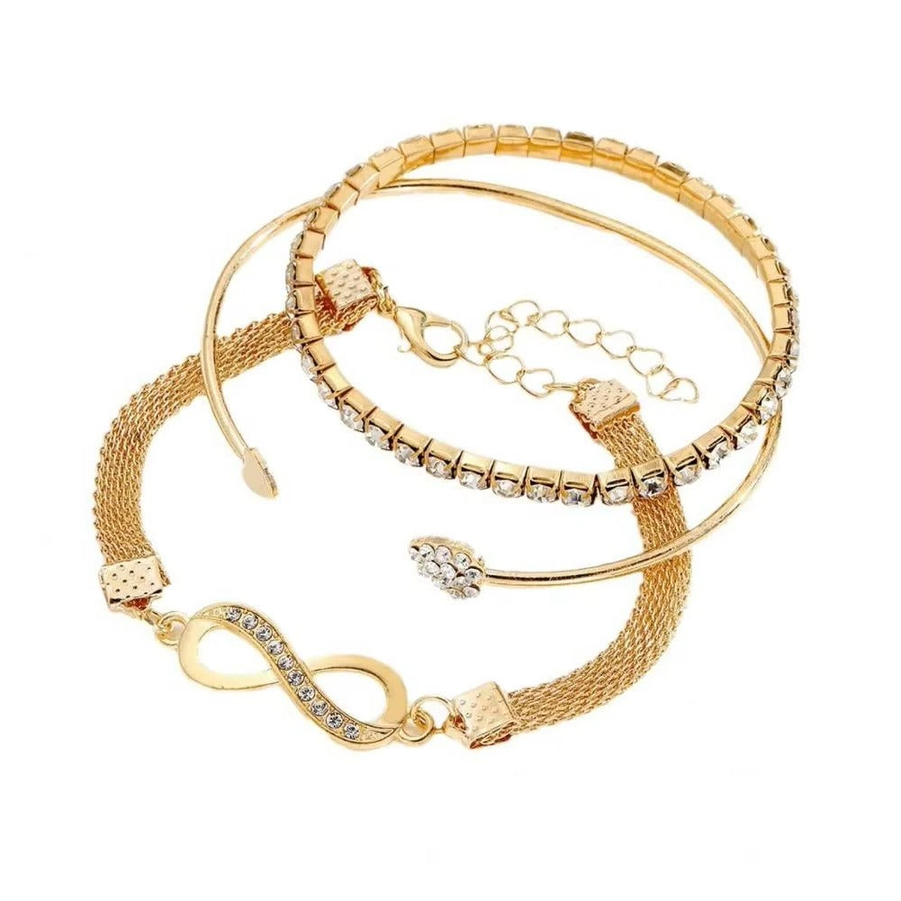 Rhinestone Bracelet Set, 3 Pieces Heart and Infinity Charms for Women
