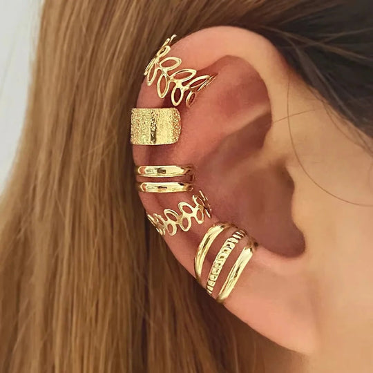 Clip-On Ear Cuff Set Gold Leaf Design for Women