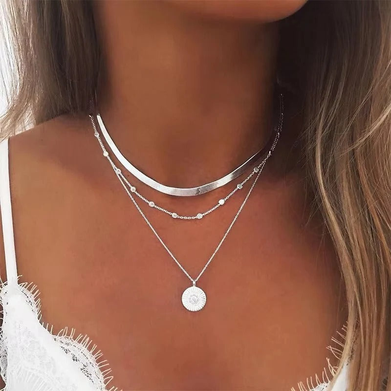 Women's Double Layer Choker Heart Charm and Cuban Link Chain Necklace