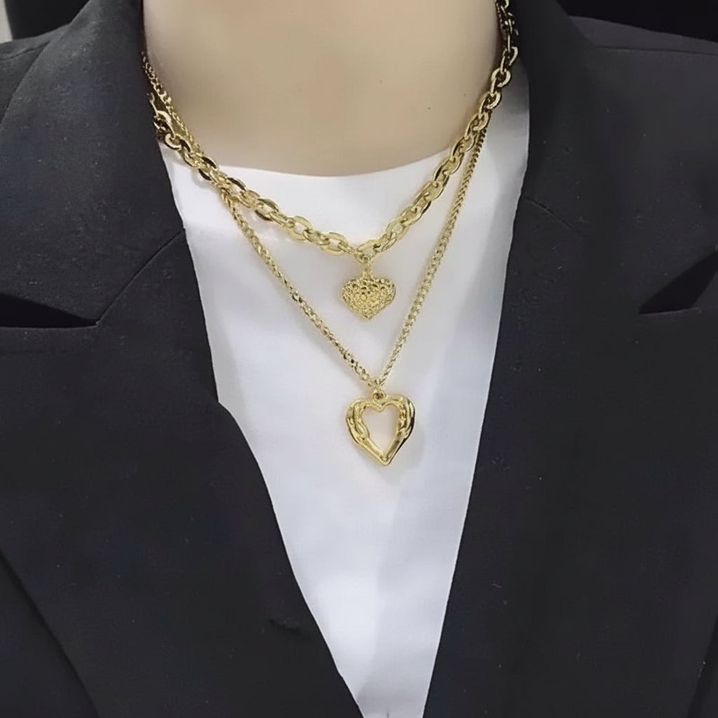 Women's Double Layer Choker Heart Charm and Cuban Link Chain Necklace