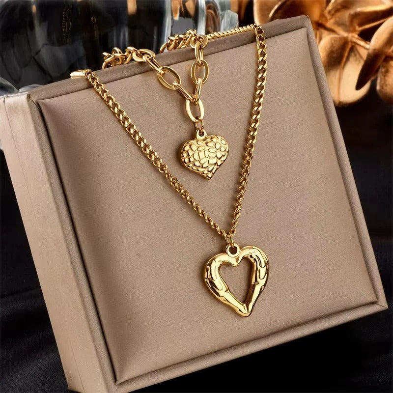 Women's Double Layer Choker Heart Charm and Cuban Link Chain Necklace