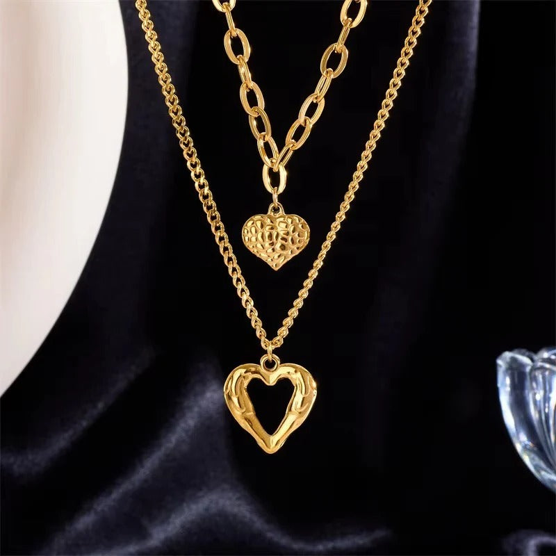 Women's Double Layer Choker Heart Charm and Cuban Link Chain Necklace