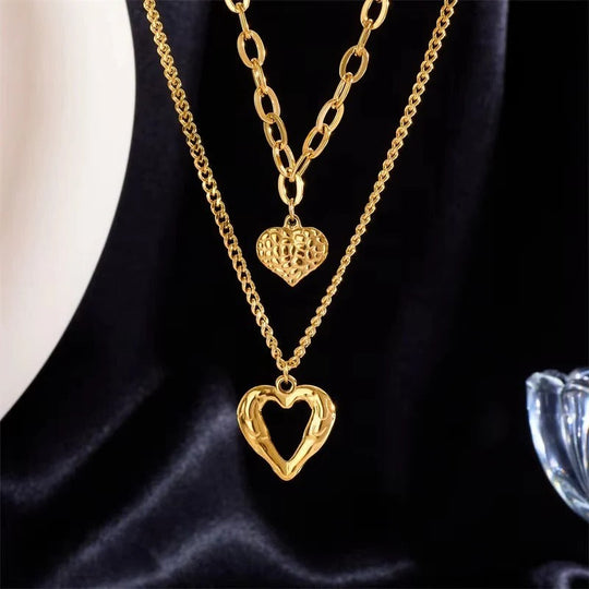 Women's Double Layer Choker Heart Charm and Cuban Link Chain Necklace