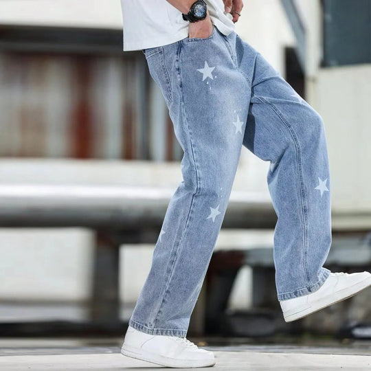 Men's Wide Leg Blue Denim Trousers Loose Fit and Casual Fashion