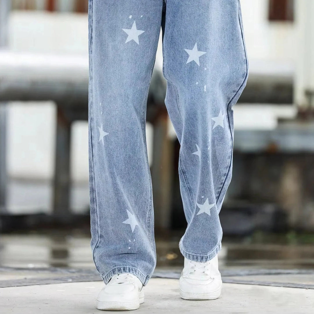 Men's Wide Leg Blue Denim Trousers Loose Fit and Casual Fashion