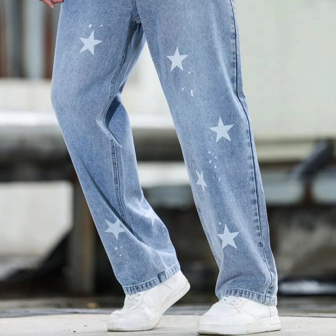 Men's Wide Leg Blue Denim Trousers Loose Fit and Casual Fashion