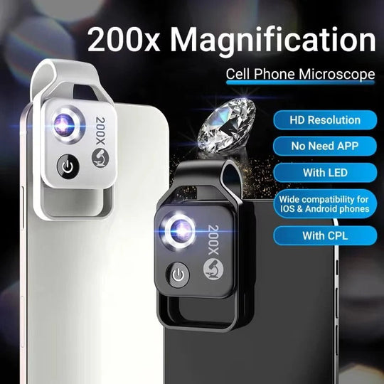 Portable 200X Smartphone Microscope Lens and Universal Clip
